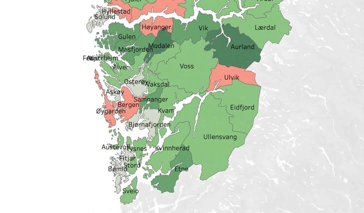 Kartet viser at Bjørnafjorden er ein av kommunane med under 2 % arbeidsløyse. (Nav.no)