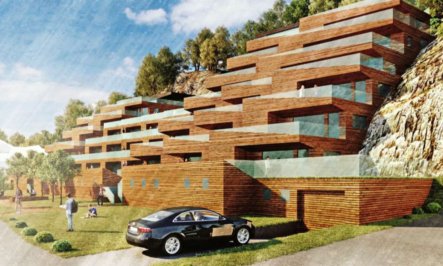 Prosjektet er skissert som terrasserte blokker (ill: Helén & Partners/Os kommune)