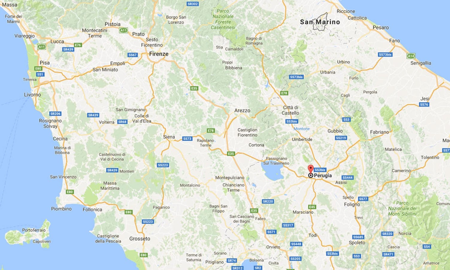 Perugia ligg cirka to timar frå Firenze og Roma. (Google Maps)