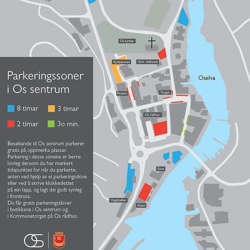 Her er dei ulike parkeringssonene i Os sentrum. (Kart: Os kommune)