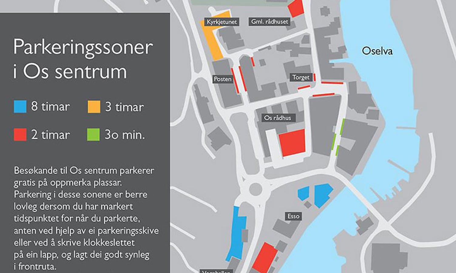 Her er dei ulike parkeringssonene i Os sentrum. (Kart: Os kommune)