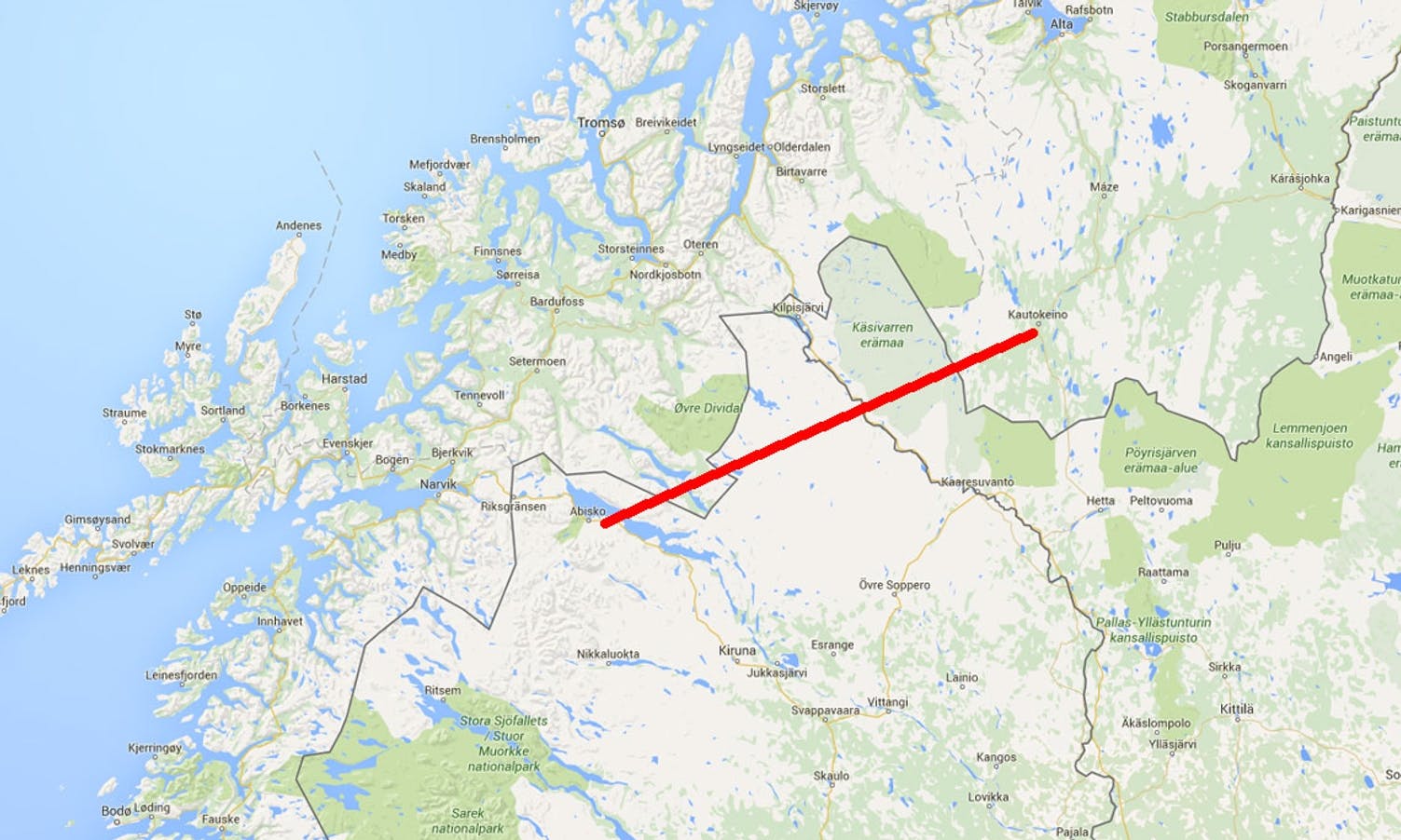 Turen skal via Sverige til neste depot Abisko. (Kart: Google Maps)