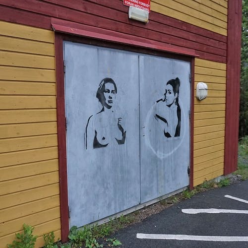 Damene prydar to av dørene inn i aktivitetshuset på Nore Neset. (Foto: KOG)