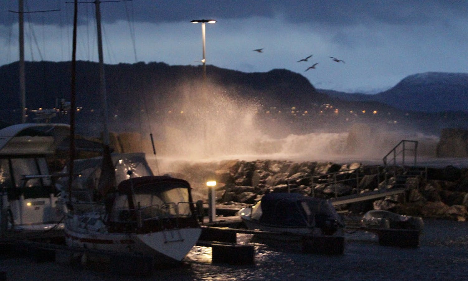 Oseana måndag: Stiv kuling sendte bølgene over moloen. (Foto: Kjetil Vasby Bruarøy)