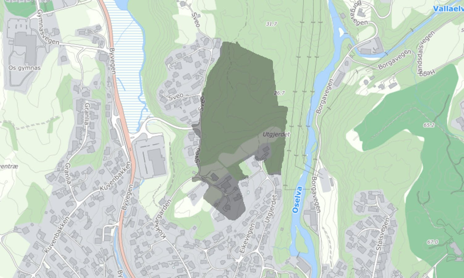 Området kor utbygginga vil koma (alle tre utbyggjerane) markert med grått