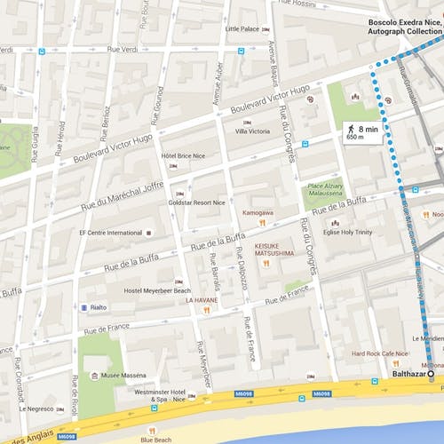 Raskaste rute frå Baltazar til hotellet Andrew budde på. (Google Maps)
