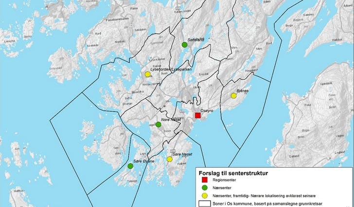 Osøyro som regionsenter og seks nærsentre med mellom anna daglegvare, skule og butikk foreslår Asplan Viak (Ill: Asplan Viak/Os kommune)
