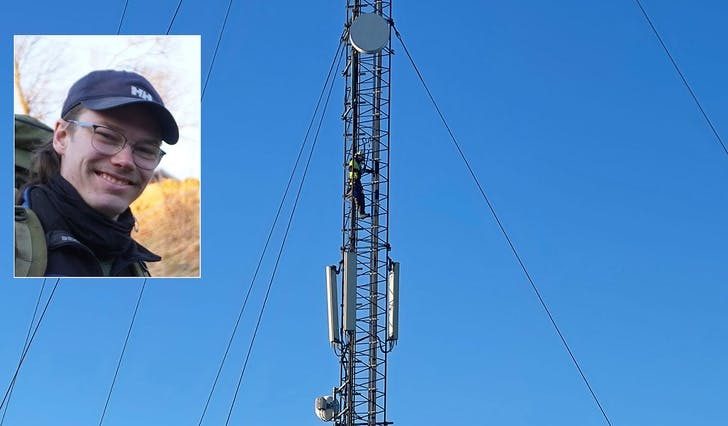 Trym Corneliussen på veg til topps for å gjera klart til tenning av tre 50 meter lange lyslenker. (Foto: Marcel Eltawafshy og Kjetil Vasby Bruarøy)