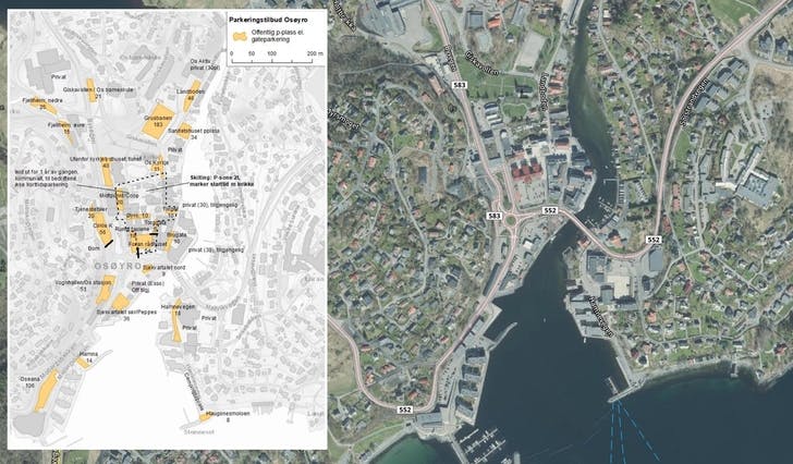 I området Asplan Viak analyserte i vår er det 820 offentlege parkeringsplassar. (Kart: Asplan Viak/Kommunekart.com)