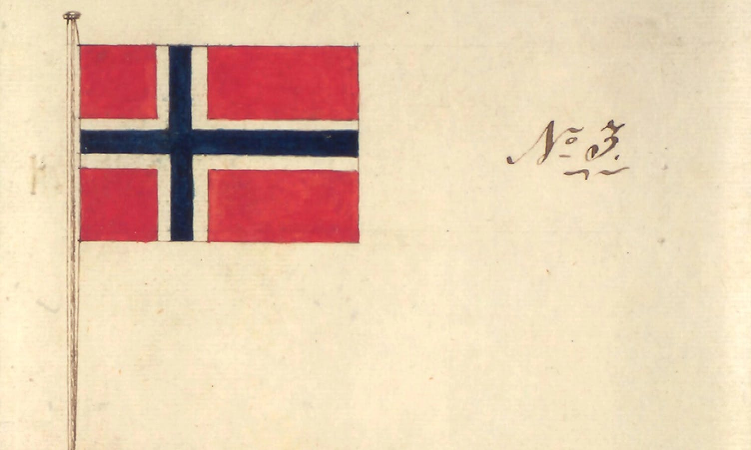 Flaggutkast nummer tre i frihetens farger, rødt, hvitt og blått, tegnet av Fredrik Meltzer og vedtatt av Stortinget i mai 1821. (Foto: Stortinget)