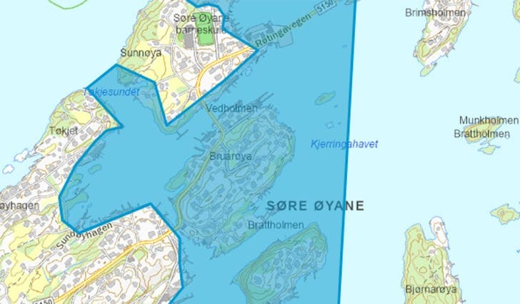 Blant sonene som er utvida i nytt forslag er Øyane, der det kan bli 5 knop også forbi Vedholmen Landhandel. (Kart: Bergen Havn Farvannsforvaltning)