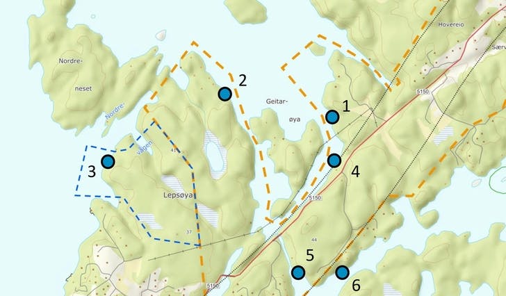Vegvesenet har vurdert desse seks plasseringane av kai til utskiping av massar frå tunell frå Røtinga til Ulvenvatnet. (Kart/ill: Statens vegvesen)