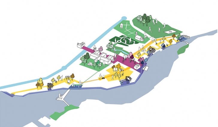 Slik kan Osøyro bli. Grønt=parklignande område, raud=byrom, gult=bustadar, blått=promenade langs elva (ill: Asplan Viak)