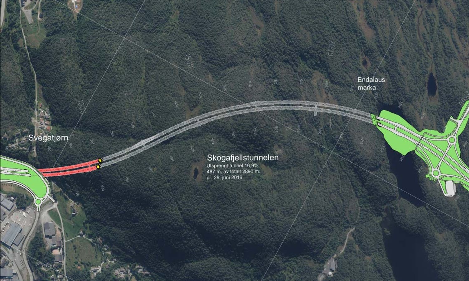 Omlag 244 meter (merka raudt) har entreprenørane sprengd av Skogafjelltunellen (ill: SVV)