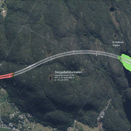 Omlag 244 meter (merka raudt) har entreprenørane sprengd av Skogafjelltunellen (ill: SVV)