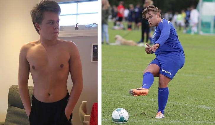 Matias vog 106 kilo då han var 15 år, her på Norway Cup sommaren 2015. I haust, under eit år etter at han endra kosthaldet, var han 30 kilo lettare. (Foto: Privat/Kjetil Vasby Bruarøy)