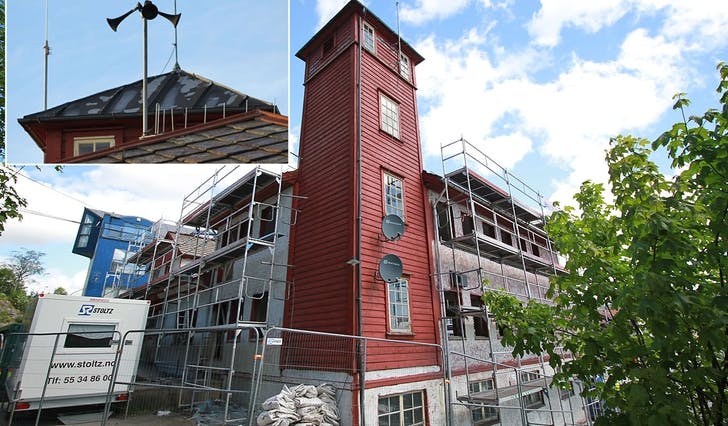 Den gamle brannstasjonen blir riven, og tyfonanlegget (innfelt) blir flytta. (Foto: Kjetil Osablod Grønvigh)
