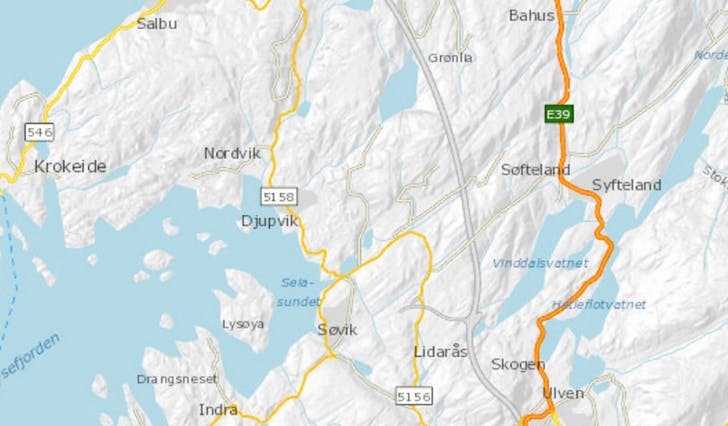 Vegen blir stengt ved Djupvik, opplyser vegvesenet. (Kart: Statens vegvesen)