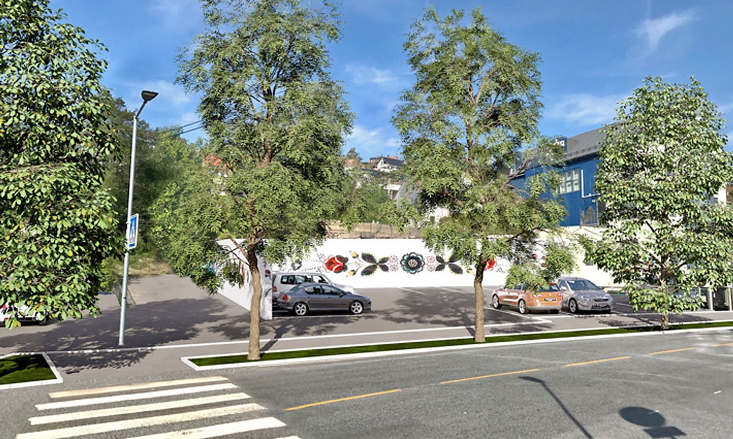 Kva med ein rosemålt støttemur på den nye parkeringsplassen kor den gamle brannstasjonen stod? (Ill: ABO Plan & Arkitektur/ Os kommune)