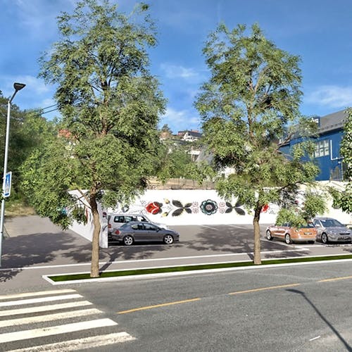 Kva med ein rosemålt støttemur på den nye parkeringsplassen kor den gamle brannstasjonen stod? (Ill: ABO Plan & Arkitektur/ Os kommune)