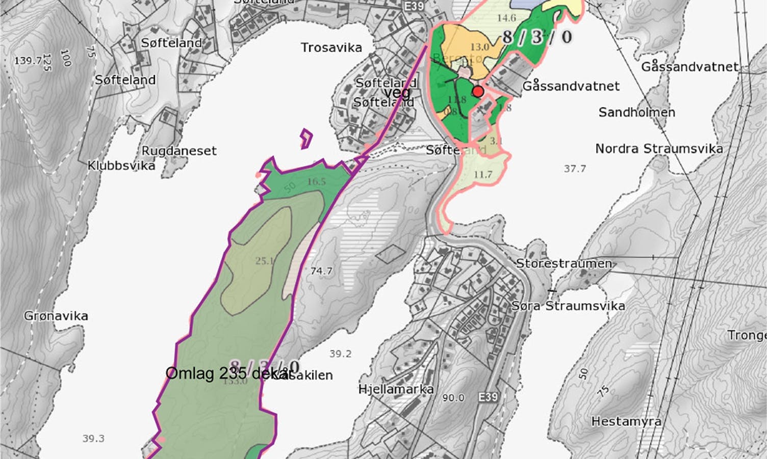 Området er merka grønt med lilla strek rundt (ill. OBEAS/Os kommune)