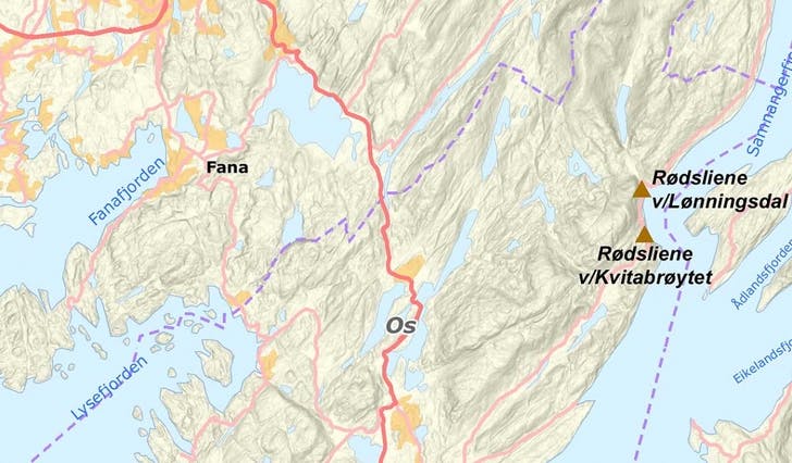 Kartet for område med skredfare i Hordaland viser to område i Rødsliane i Os. (Statens vegvesen)