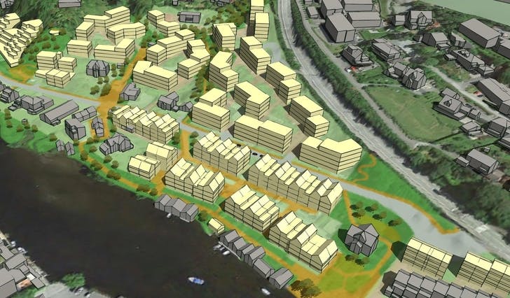 Planavdelingen viste fire ulike alternativ for delområdet Finnebrekka i sentrumsplanen. Her er alternativet med flest nye boliger. (Ill: Bjørnafjorden kommune) 