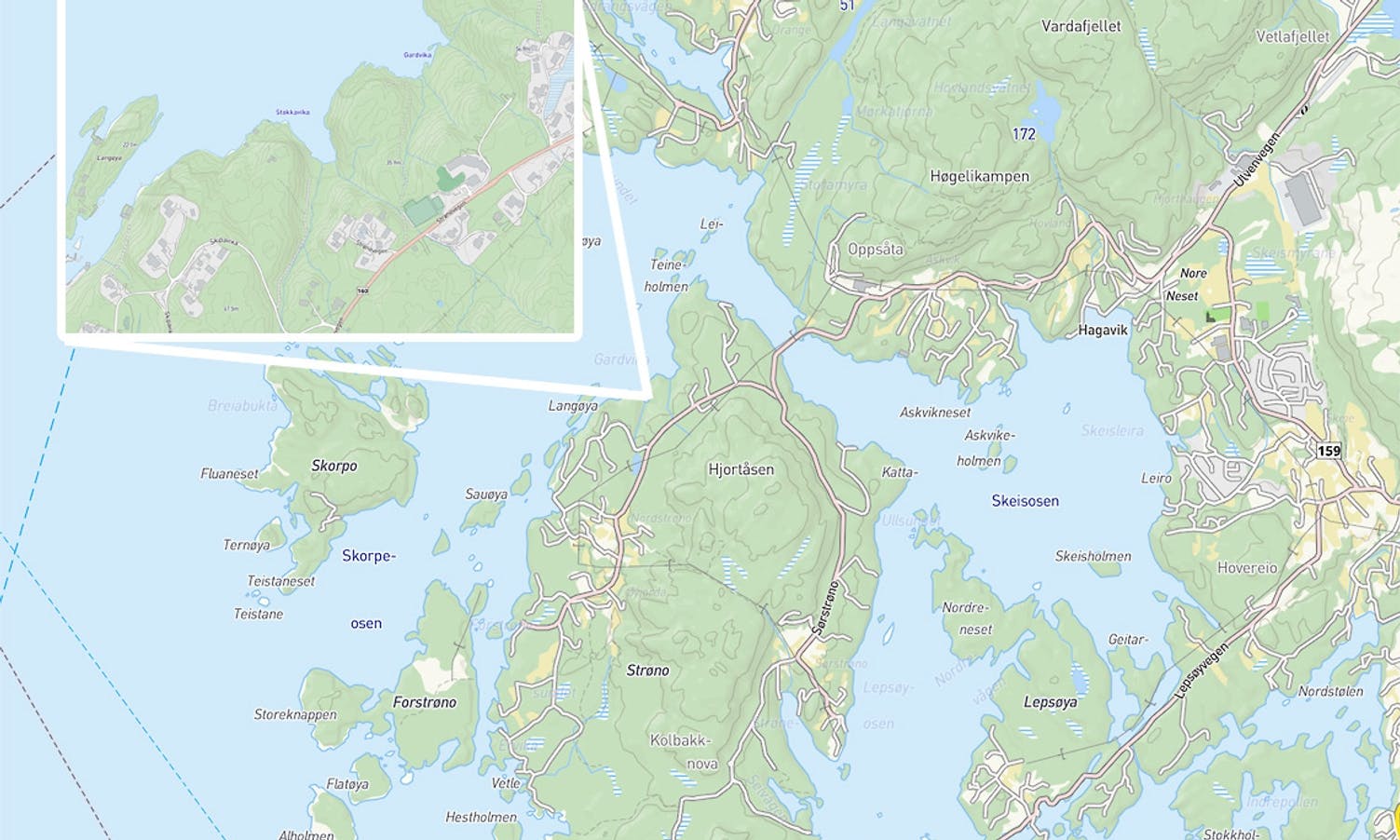 Stokkavika ligg like nedanfor Strøno barneskule (kart: os kommune)