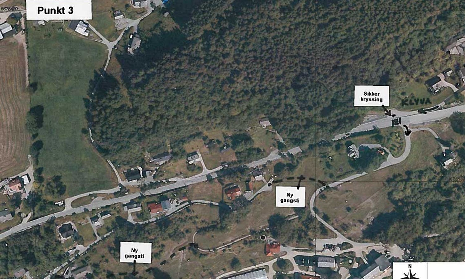 På Klyva ønskjer kommunen ei sikker kryssing av Hatvikvegen og tursti/gangveg vidare til Midtbøvegen (ill. Os kommune)