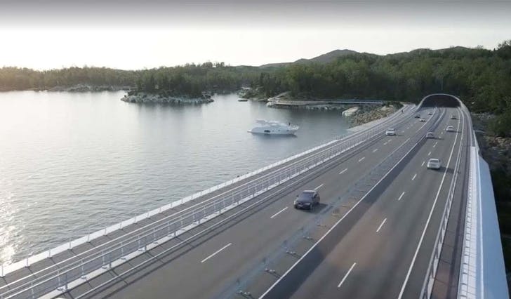 Landing av bru over Bjørnafjorden på Røtinga i Bjørnafjorden kommune. (Ill.: Statens vegvesen)