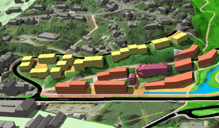 PBU vil legge til rette for mange boliger langs Byvegen inn mot sentrum. Fjellheim i midten i lilla. (Bjørnafjorden kommune)