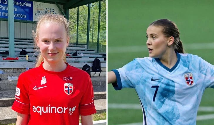 Linnea Sælen (t.v.) og Nora Blindheim Nøss, her i landskampar i 2022 og 2021. (Foto: Karin Larsen og NFF)
