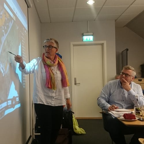 Aina Tjosås fortalde om opprustinga og kor dei vil plassera nærmiljøanlegget (foto: AH)