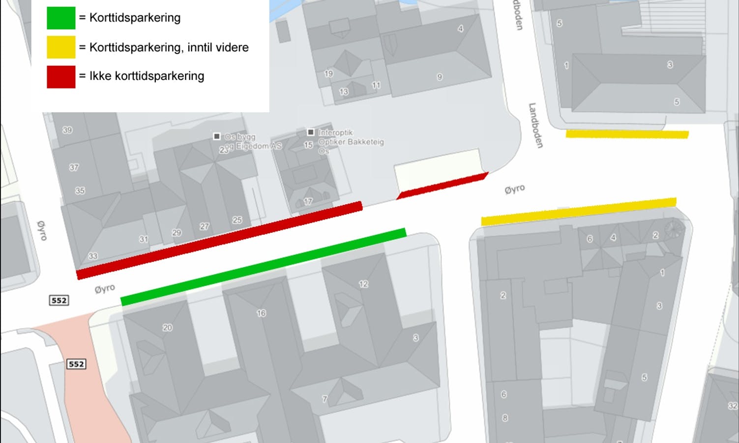 Grønt og gult er greit å parkera på. Raudt er ikkje (kart utarbeid basert på opplysningane frå ordføraren) (Kart: 1881.no/Midtsiden.no)