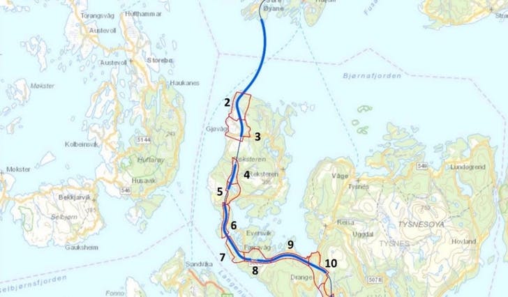 Kart frå rapporten til Asplak Viak som blei publisert i fjor. I sone 3 ser du Gjøvåg og området Statsforvaltaren har gjort nye funn i. 