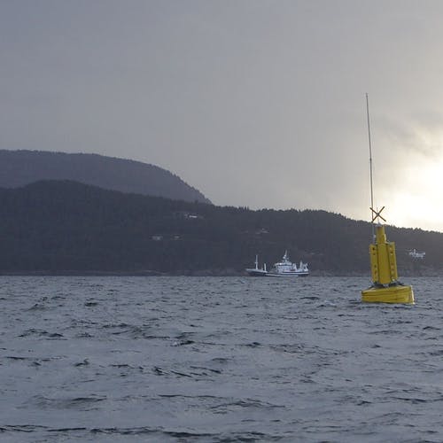 I går blei bøye nummer tre av fem plassert ut av Eidesvik sin båt, MS Bømmelbas. (Foto: Kjetil Vasby Bruarøy)