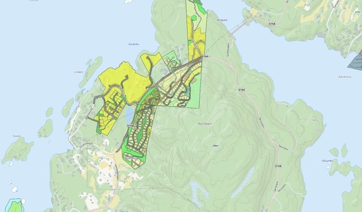 Kartet viser godkjente reguleringsplanar i Nordstrøno. Over hundre av desse er klare for sal i år. (Kommunekart.com)