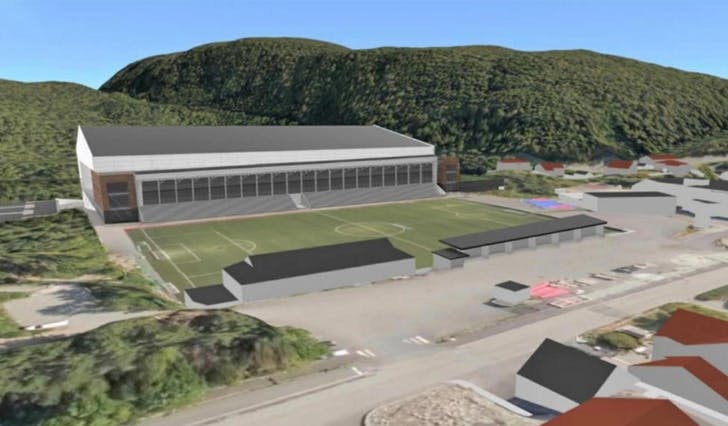 Lysekloster Family Arena er planlagt på motsett side av banen som dagens tribune og klubbhus. (Ill.: Hugaas Entreprenør)