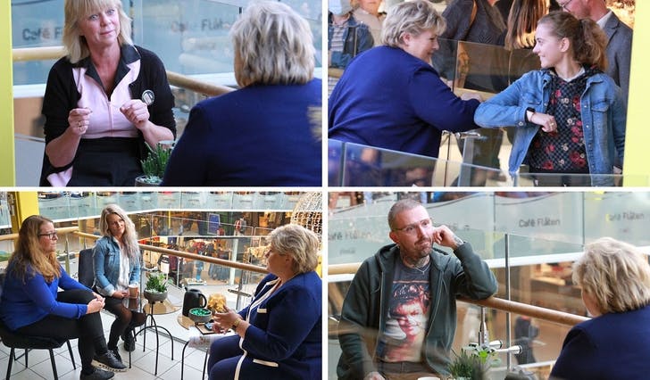 Linda, Johanna, barnevernet og Eldrebrølet var blant dei som fekk ein prat med Erna Solberg torsdag. (Foto: Kjetil Vasby Bruarøy)