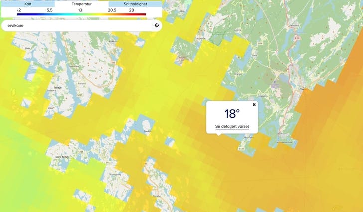 Dagens temperatur i Ervikane, ifølge havvarsel.no