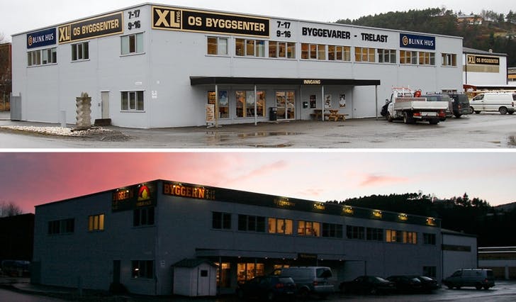Os Byggsenter før og no. (Foto: Kjetil Vasby Bruarøy)