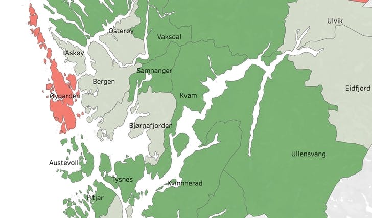 Bjørnafjorden ligg på nivå med Bergen. (Kart: Nav)