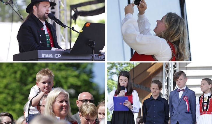 Eirik Søfteland, Anne Marie Aarøen Vangsnes og fire elevar frå 7. trinn ved Os barneskule var blant dei som var på scenen i går. (Foto: KVB)