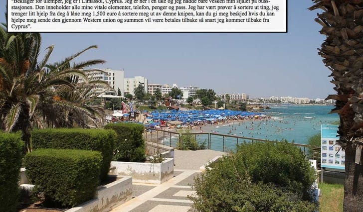 På Kypros utan pengar? (Skjermskot av eposten/bilde frå Kypros foto KVB)