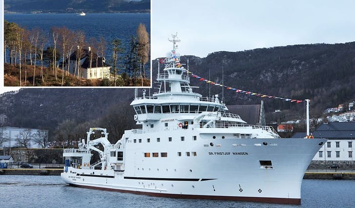 Nye «Dr. Fridtjof Nansen» kom til Bergen 10. januar, og forbi Os, sett frå Ferstadneset, i dag (innfelt). (Foto: Havforskningsinstituttet/lesarbilde; Lars Ole Lunde)