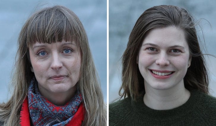 Elin (t.v.) og Marie har hatt sine første arbeidsdagar i Midtsiden-redaksjonen denne veka. (Foto: Kjetil Vasby Bruarøy)