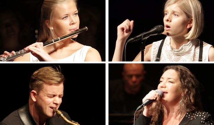 Fire av dei seks solistane; Ingrid og Marius Neset, Aurora Aksnes og Gina Aspenes. (Foto: Kjetil Vasby Bruarøy)