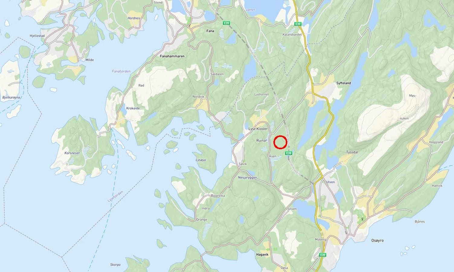 Lyseparken ligg 9 km i tunell frå Fana og Lagunen. (Kommunekart.com)