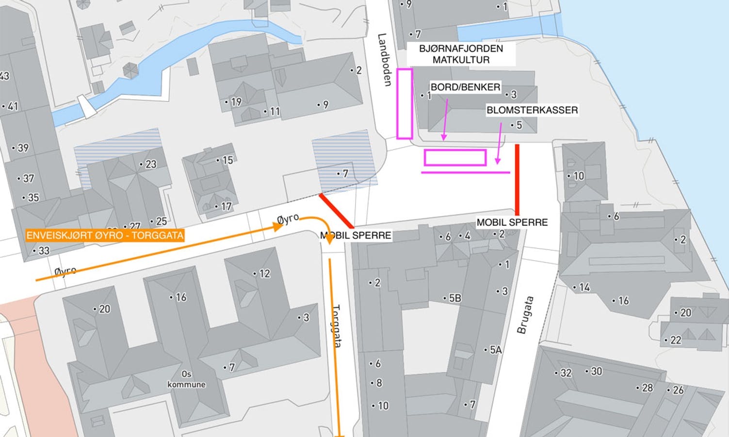 Sånn skal sentrum stengast for biltrafikk frå fredag 19. juni. (Kart: Bjørnafjorden kommune/Fjordfolk)