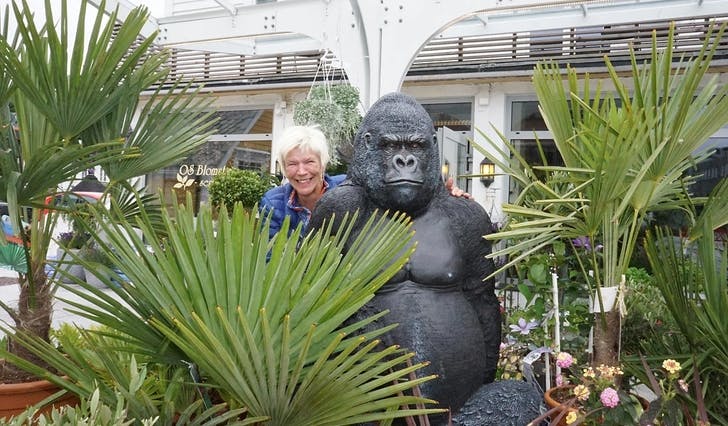 Marianne Holmefjord er glad for at gorillaen «Gustav» er tilbake på plassen sin utanfor butikken. (Foto: KVB)